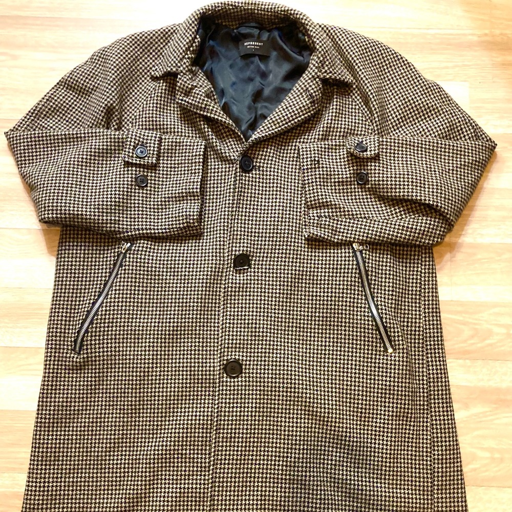 Represent UK British Wool Houndstooth overcoat coat jacket button up L large